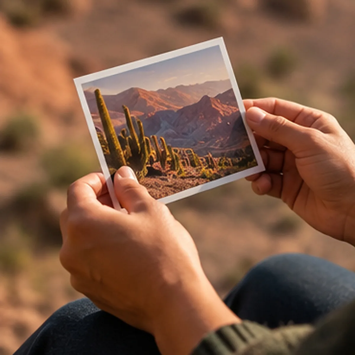 Manos que sostienen una fotografía de cerros y cardones frente al mismo paisaje