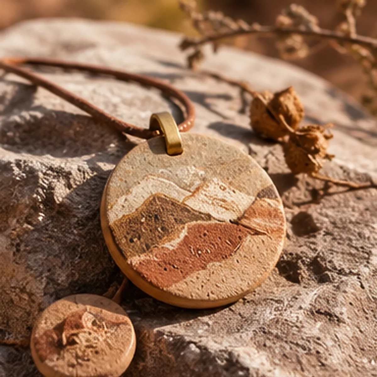 Colgante de piedra con un paisaje de cerros en sus vetas, apoyado sobre una roca