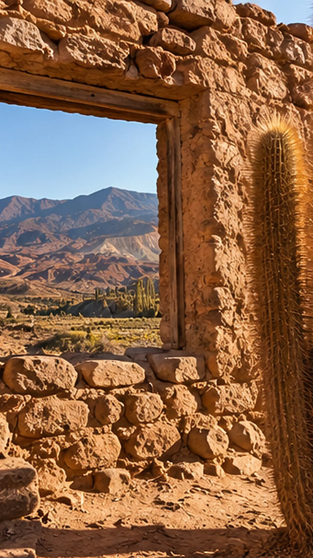 Ventana de una casa de adobe con un cardón al costado, abierta a los cerros